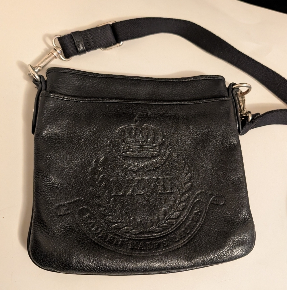 Lauren Ralph Lauren Black Large Embossed Logo Leather Cross Body Bag Purse VGUC